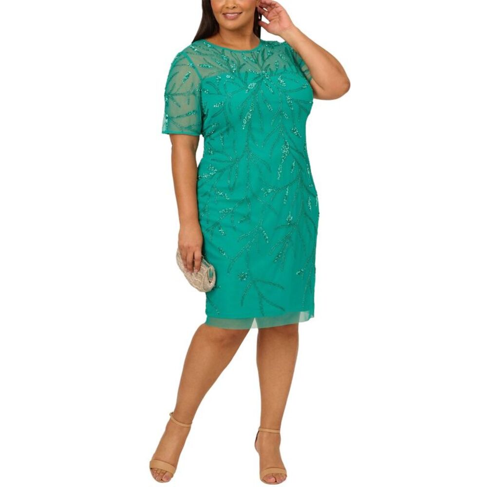 Adrianna Papell Womens Plus Size Beaded Mesh Sheath Dress 22W Jade - NWT $219